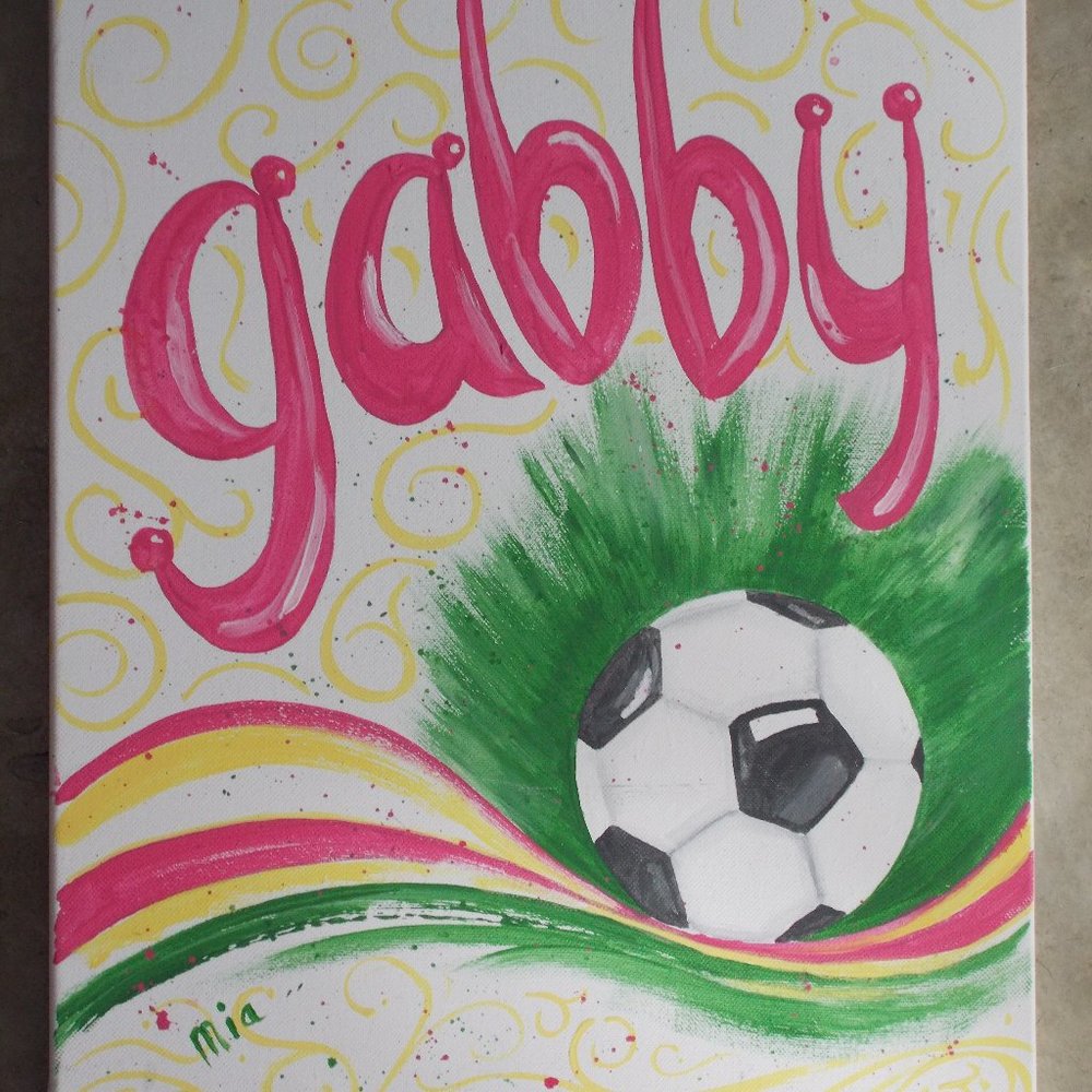 New, Gabby Socker" acrylic painting by Mia, 14"x18.